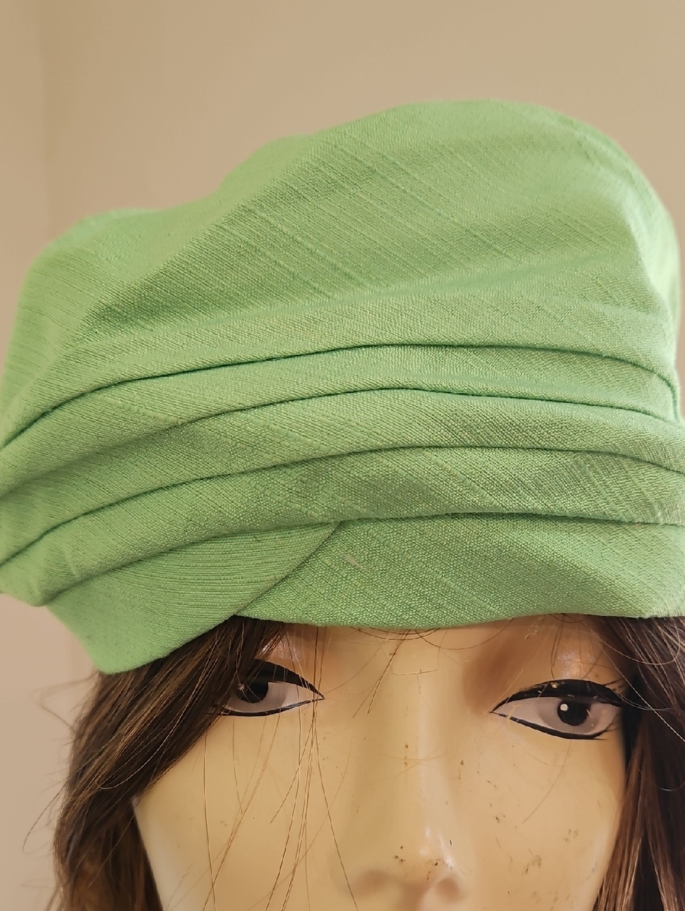 LIME GREEN PLEATED TOP‎  BERET STYLE CLOTH HAT Made In USA - Picture 3 of 10